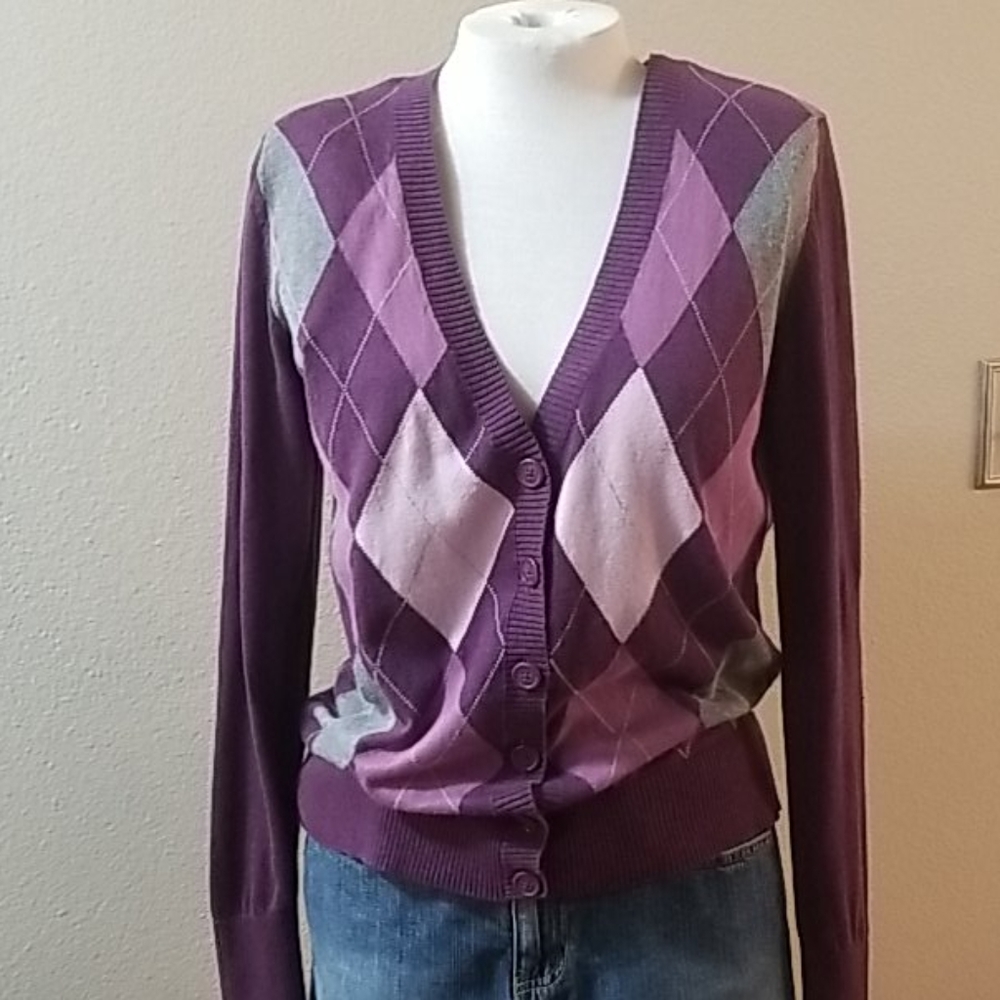 ST. JOHN'S BAY Purple Argyle Cardigan Sweater